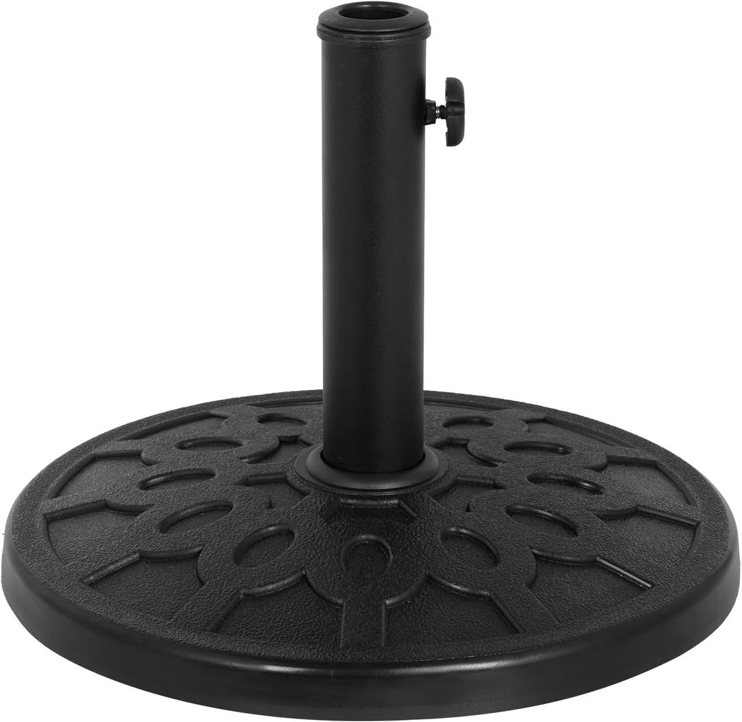 Backyard Expressions Round Patio Umbrella Base  Heavy Duty Resin-Coated Calcium Carbonate Stand with Adjustable Pole Adapters Fits 1.5"2" Poles, Weather-Resistant (Black 20 Lb)