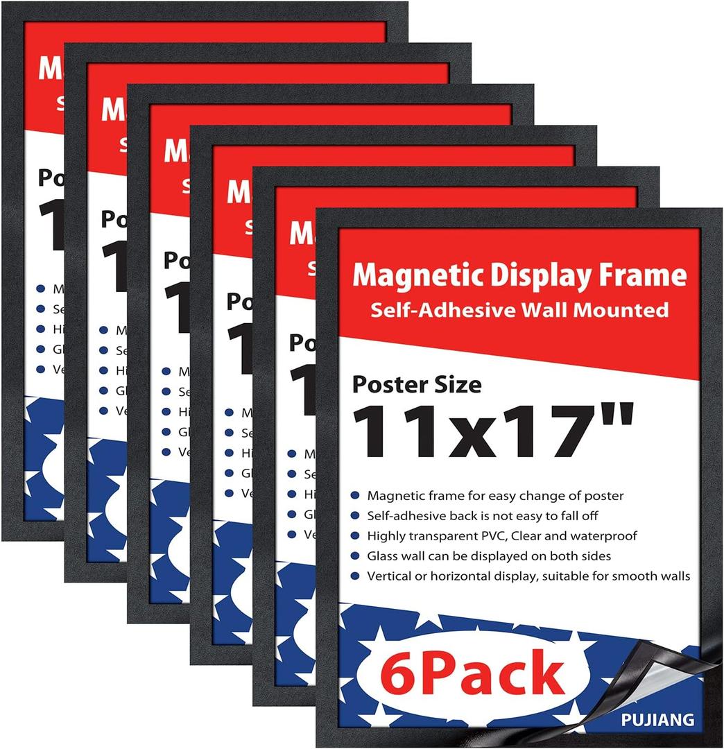 11" x 17" Self-Adhesive Magnetic Display Frame, Double Sided Window Magnetic Sign Holder with Clear PVC and Magnetic stripe Frame for Home/Office/Wall/Door/Glass/Poster Display (Black, 6Pack)