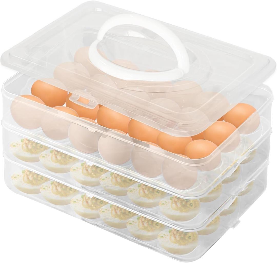 Egg Holder for 72 Eggs, 3-Layer Plastic Egg Container, Deviled Egg Tray with Handle Lid, Devil Egg Holder for Refrigerator, Kitchen, Easter Party, Keep Fresh