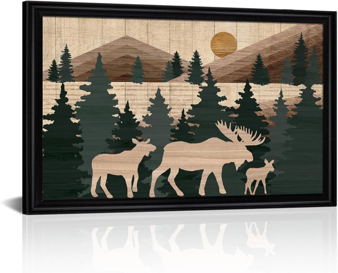 Visual Art Decor Moose Canvas Wall Art Mountain Painting Cabin Wall Decor, Black Frame 16x24inch Rustic Art Print Farmhouse Living Room Bedroom Office Decoration