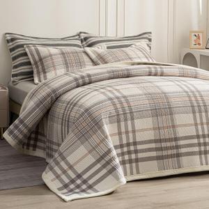 Cotton Plaid Quilt Set, Ultra Soft 3 Pieces Queen Size Bedding with 2 Pillow Shams, Lightweight Reversible Coverlet Bedspread with Wave Quilting for Summer, 90"x96", Grid-Grey White