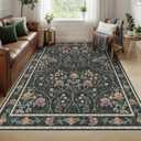 Floral Area Rug 5x7 Washable Vintage Non Slip Living Room Rug,Soft Flower Low Pile Stain Resistant Rugs for Bedroom Dining Room Laundry Indoor, Dark Grey