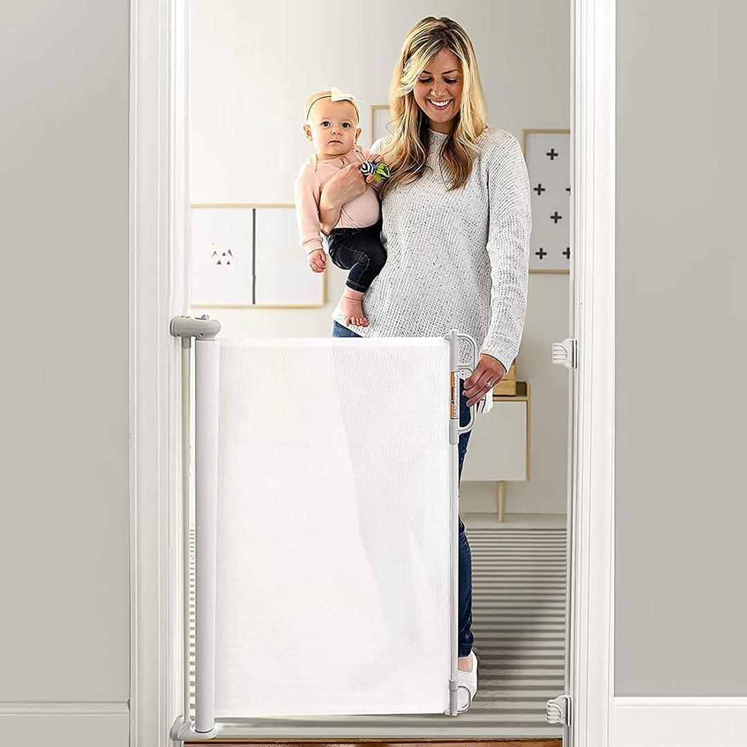 Momcozy Retractable Baby Gate, 33" Tall, Extends up to 55" Wide, Child Safety Baby Gates for Stairs, Doorways, Hallways, Indoor, Outdoor (33" Tall x 55" Wide, White)