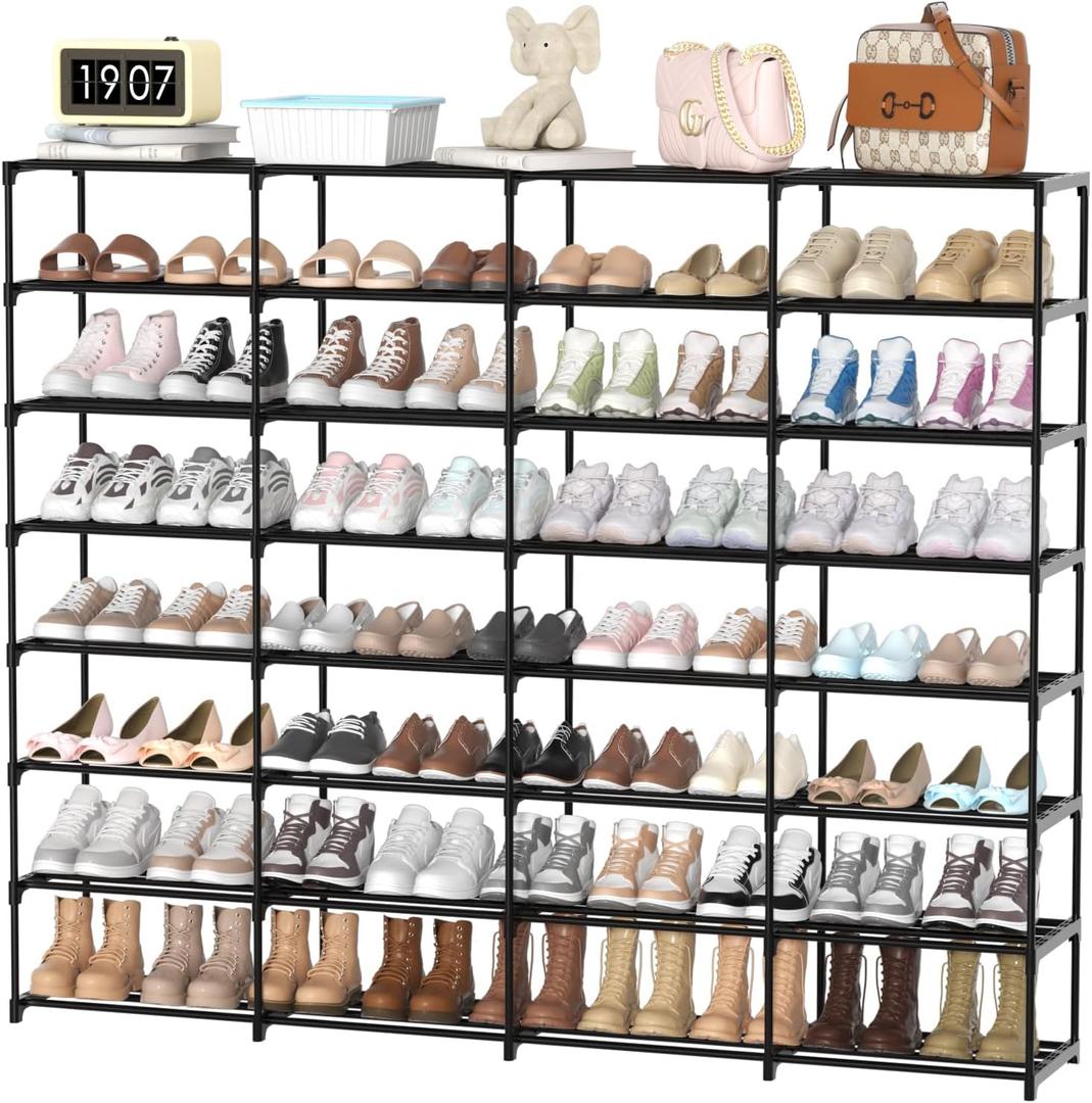 Large Shoe Rack Organizer, 4-Row 8-Tier Tall Shoe Storage Shelf for Closet, Entryway, Garage, Metal Free Standing Shoe Holder for 56-64 Pairs Shoes, Sturdy Stackable Shoe Stand for Bedroom