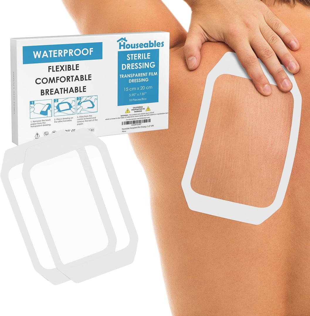 Houseables Waterproof Bandages, Transparent Film Dressing, Waterproof Bandages Post Surgical, 6x8, Wound Cover, Transparent Dressing, Wound Covers for Showering, Water Proof Patches for Skin, Large (5.9"x7.87"(Pack of 10), Clear - 10 Pack)