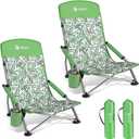 VILLEY Low Beach Chairs for Adults 2 Pack, High Back Folding Chairs, Lightweight and Portable for Outdoor, Camping, Lawn, with Cup Holder and Carry Bag - Green Tropical Leaves, 26.4 inches x 22.4 inches x 31.5 inches