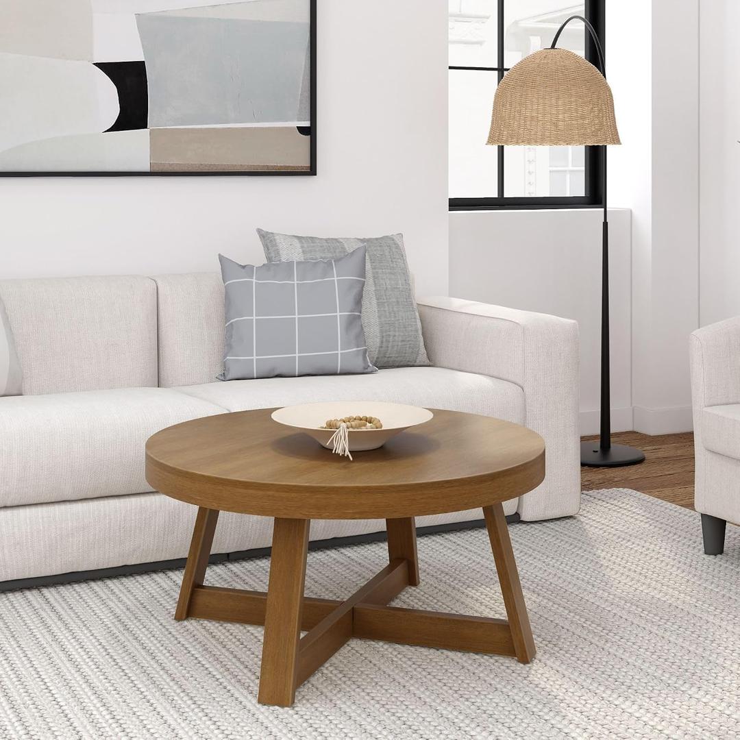 Plank+Beam Classic Round Coffee Table, 36" Farmhouse Coffee Table, Mini Center Tables for Small Spaces, Small Living Space Tea Table, Pecan Wirebrush, 36in x 36in
