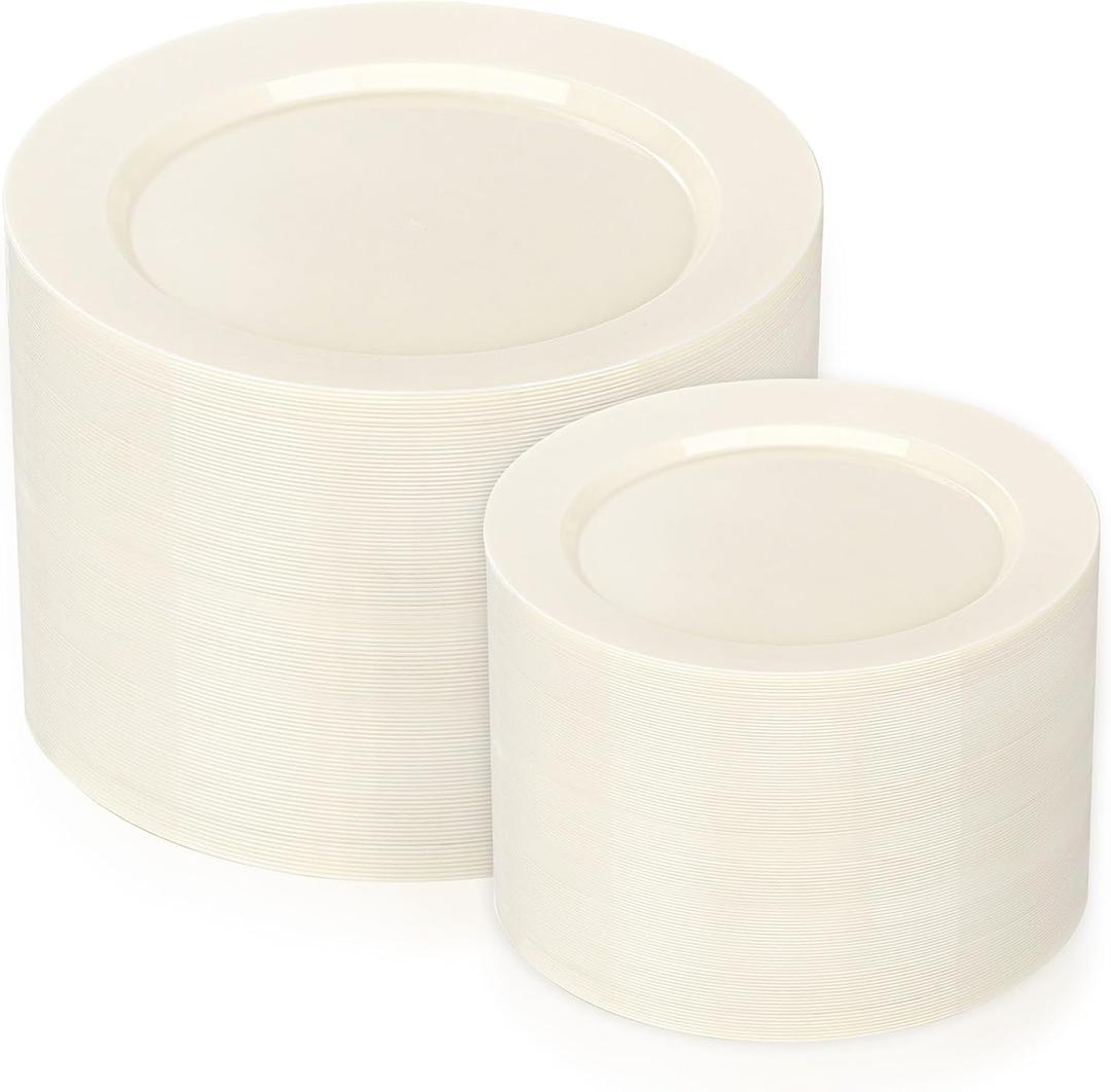 I00000 200 Pcs Ivory Plastic Plates, Disposable Party Plates Include 100 Ivory Dinner Plate 10 and 100 Plastic Dessert Plate 7 Perfect for Birthday, Party & Wedding