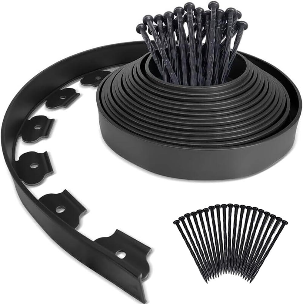 2 Inch Tall Garden Landscape Edging Kit 20 FT, Bonus 20Pcs Spiral Spikes, Black Plastic Lawn Edging for Landscaping, Lawn, Yard, Flower Gardens Border