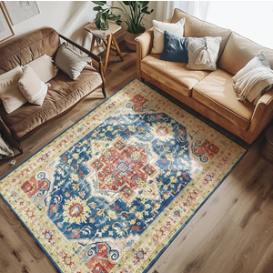 jinchan Area Rug 6x9 Floral Blue Rug Distressed Thin Vintage Retro Indoor Non Slip Carpet Kitchen Living Room Bedroom Dining Room