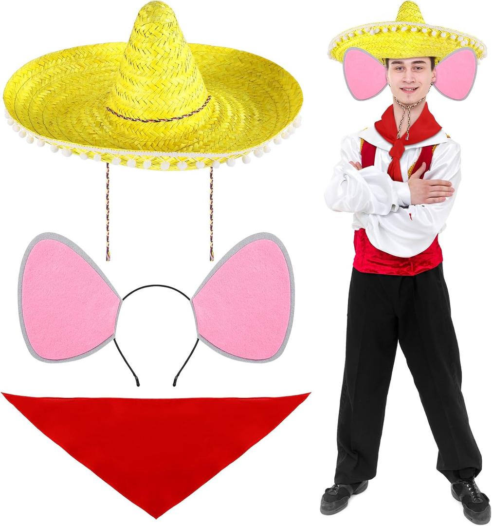 Mepase 3 Pcs Halloween Mexican Mouse Cosplay Costume Set for Adult Include Red Bandana Yellow Mexican Sombrero with Large Ears Headband Rat Mouse Cosplay Outfit for Halloween Dress up Party Supplies