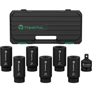 1/2" Drive Crank Bolt Socket Set, 7Pcs, 17/19/21/22/24/27mm, 3/4"-1/2" Adapter, Harmonic Balancer Socket Set, 6-Point Deep Impack Socket, 3 Times Momentum Power of Crank Bolt Removal Tool
