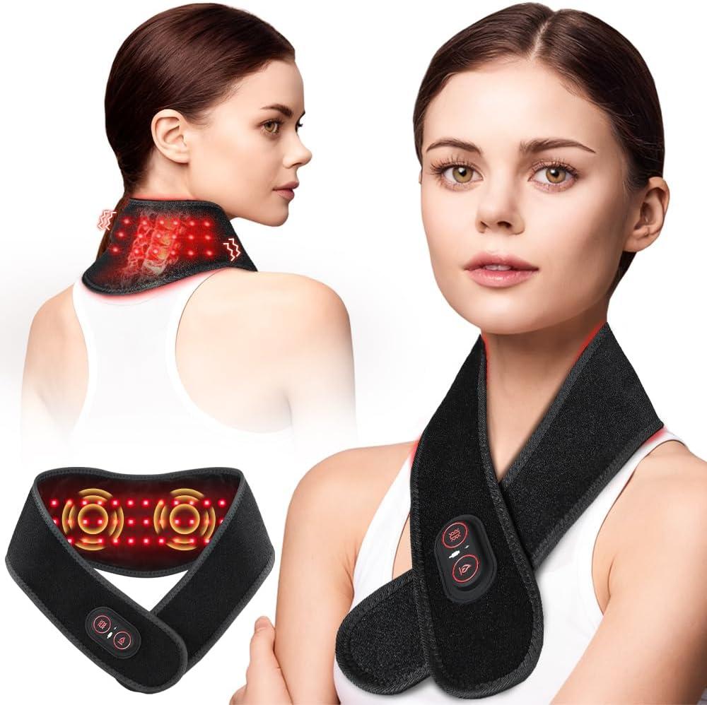 Red Light Therapy for Neck and Shoulders Wrap, Cordless Infrared Heating Pad Belt with Vibration for Body, Hands, Rechargeable Portable Neck Massager with Heat 660nm/850nm (Black)