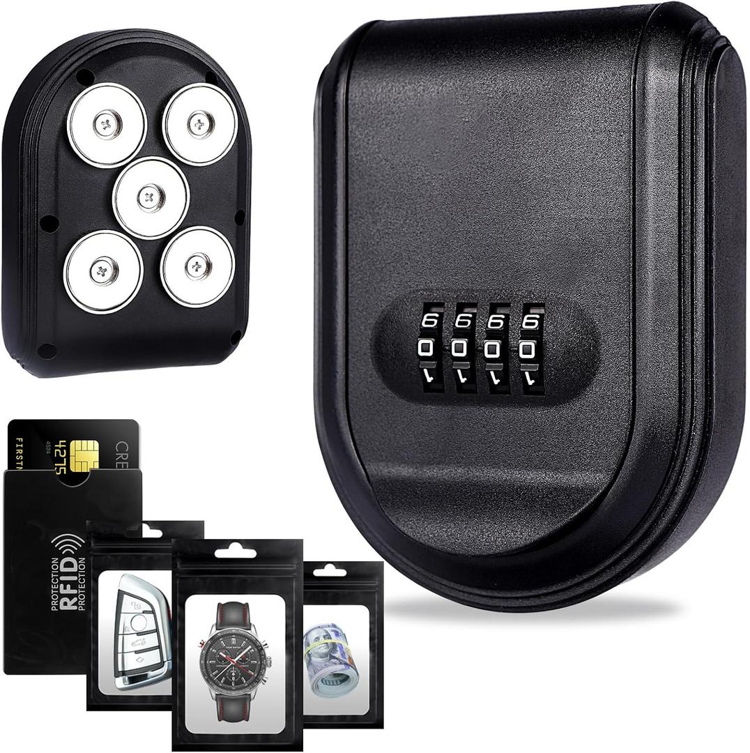 Magnetic Key Box for Under Car with 5 Strong Magnets, Hide a Key Outside with Resettable Combination Lock Box, Waterproof Magnetic Key Holder for Outdoor, Vehicle, Home, or Office Use (1, Black)