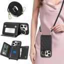 for iPhone 15 Pro Case with Card Holder and Strap for Women,Crossbody Lanyard, Make Up Mirror,Ring Stand,Snap Clasp,Cute Phone Wallet Cases 6.1 inch - Black