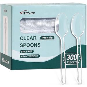 [300 Count] Clear Heavy Duty Plastic Spoons, Disposable Silverware Spoons Bulk, Plastic Cutlery Utensils Set, Solid
