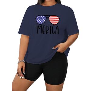 Women's Plus Size 4th of July Tops USA Shirt Memorial Day Red White and Blue Patriotic Shirts American Flag Graphic Tees (Blue-3,4XL) (Blue)