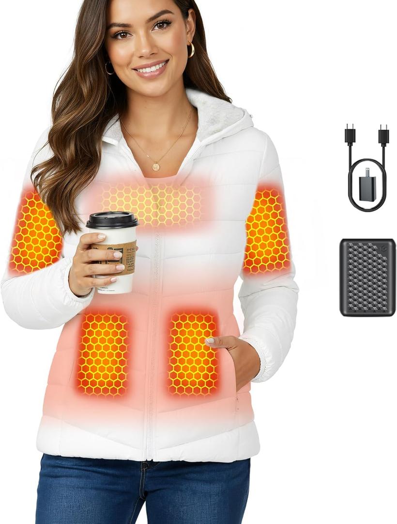 Genovega Graphene Women Heated Jacket 12V Fast Charge 18400mAh Large Capacity (Medium, White)