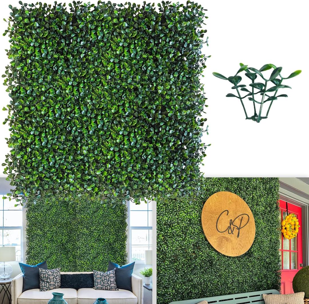 Artificial Grass Wall Panel Backdrop, 10 X 10 in 25P (17.5 sqft) UV-Anti Greenery Boxwood Panels for Indoor Outdoor Green Wall Decor & Ivy Fence Covering Privacy