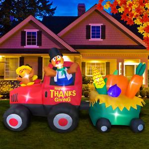 SEASONBLOW 8FT Thanksgiving Inflatable Turkey Driving Tractor Decoration, LED Light Up Thanksgiving Blow Up Turkey with Pilgrim Hat for Celebrate Autumns Fall Harvest Indoor Outdoor Garden Yard Decor