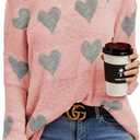 Chang Yun Women Off Shoulder Knitted Pullovers Sweater Loose Long Sleeve Hearts Printed Ripped Tops (Large, Active Pink)