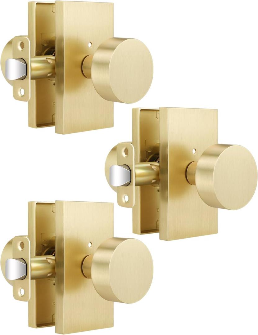 EHOMEWARE 3 Pack Interior Door Knobs, Bed and Bath Door Knobs, Privacy Door Knob with Lock, Gold Door Handle Without Key, Reversible for Left/Right Doors, Rectangular Base & Gold Door Knob Combo