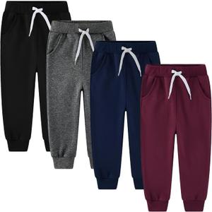 4 Pack Toddler and Kids Boys Sweatpants Joggers Cotton Active Soft Joggers Pants with Functional Drawstring, Size 4T (Fleece Black/Navy/Dark Gray/Burgundy)