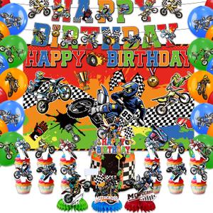 45Pack Dirt Bike Birthday Party decoration pack include banner,Honeycomb Centerpieces,cake toppers,Balloons for Dirt Bike party decoration