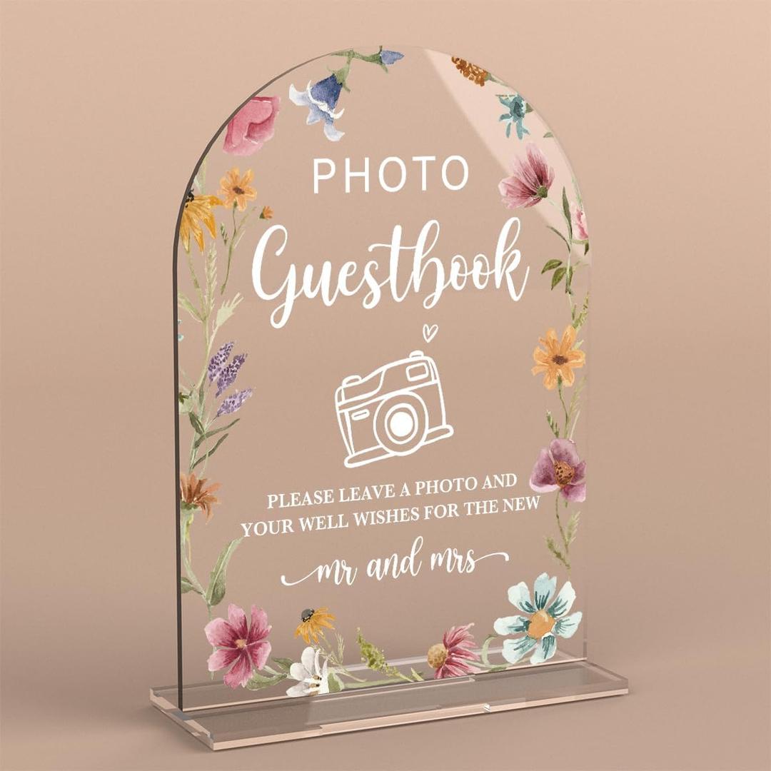 Acrylic Wedding Sign Photo Guestbook Signs for Ceremony Modern Calligraphy Arch Acrylic Table Top Signs for Wedding Reception and Event Party Table Decor (Wildflowers)