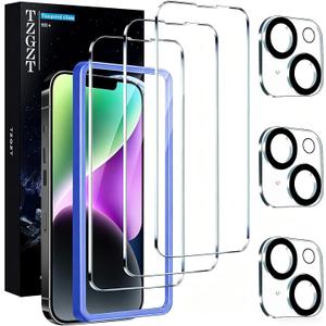 TZGZT [True 9H+ Shatterproof] 3 Pack for iPhone 14 Screen Protector Tempered Glass Film, with 3 Pack Camera Lens Protector Accessories, Phone Case Friendly, with Alignment Frame, Ultra HD