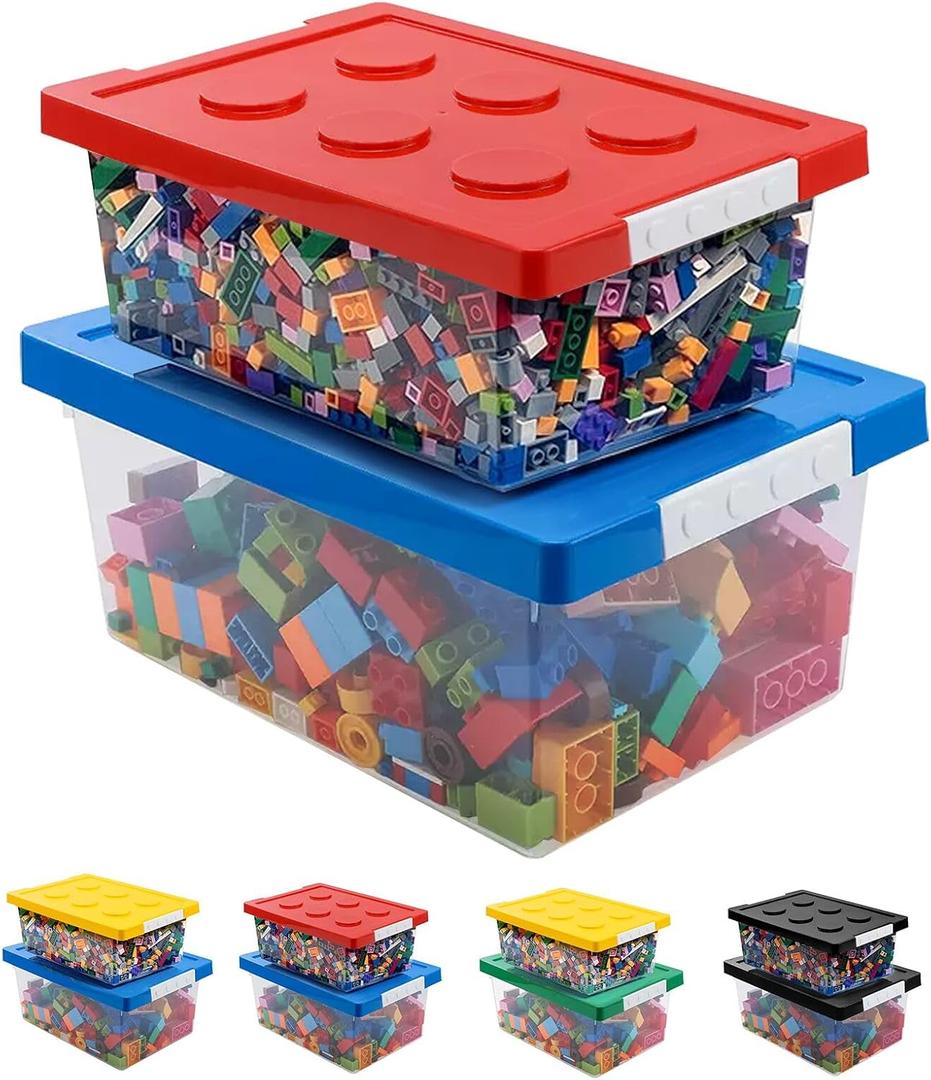 loobuu Plastic Storage Bins with Lids - Stackable Toy Storage Organizer Box Set of 2, Kids Toy Chests with Compatible Building Baseplate and Lid, Storage Container for Building Bricks - Red+Blue