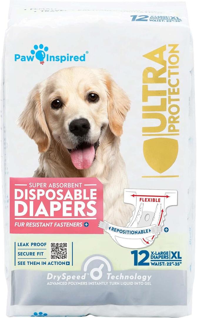 Paw Inspired Disposable Dog Diapers | Female Dog Diapers Ultra Protection | Diapers for Dogs in Heat, Excitable Urination, or Incontinence (12&144 Count) (X-Large (12 Count))