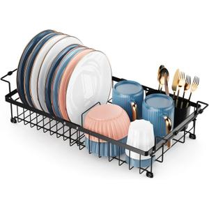iSPECLE Dish Drying Rack - 3 Sizes Adjustable Large Dish Rack (16.9'',18.7'',20.4'') - Over Sink Drying Rack with Cutlery Holder, in Sink or on Counter Dish Drainer, Metal, Black (Only fit>17.5" Sink)