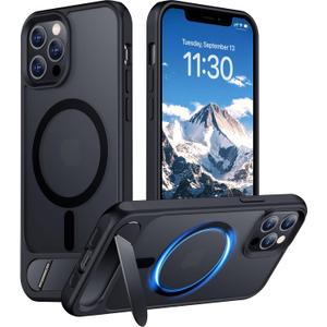 Temdan Magnetic Compatible with iPhone 12 Pro Max Case, [Built-in Invisible Kickstand][Compatible with MagSafe][Military Grade Shockproof] Slim Translucent Matte Phone Case for iPhone 12 Pro Max 6.7" (Black)