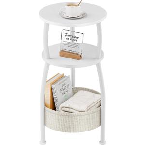 Small Round Side Table for Living Room with Storage Basket Small Space Saving End Table 3-Tier Nightstand Couch Corner Stand Bedroom, Garden and More 24in Tall Matte White (11.81" Dia)