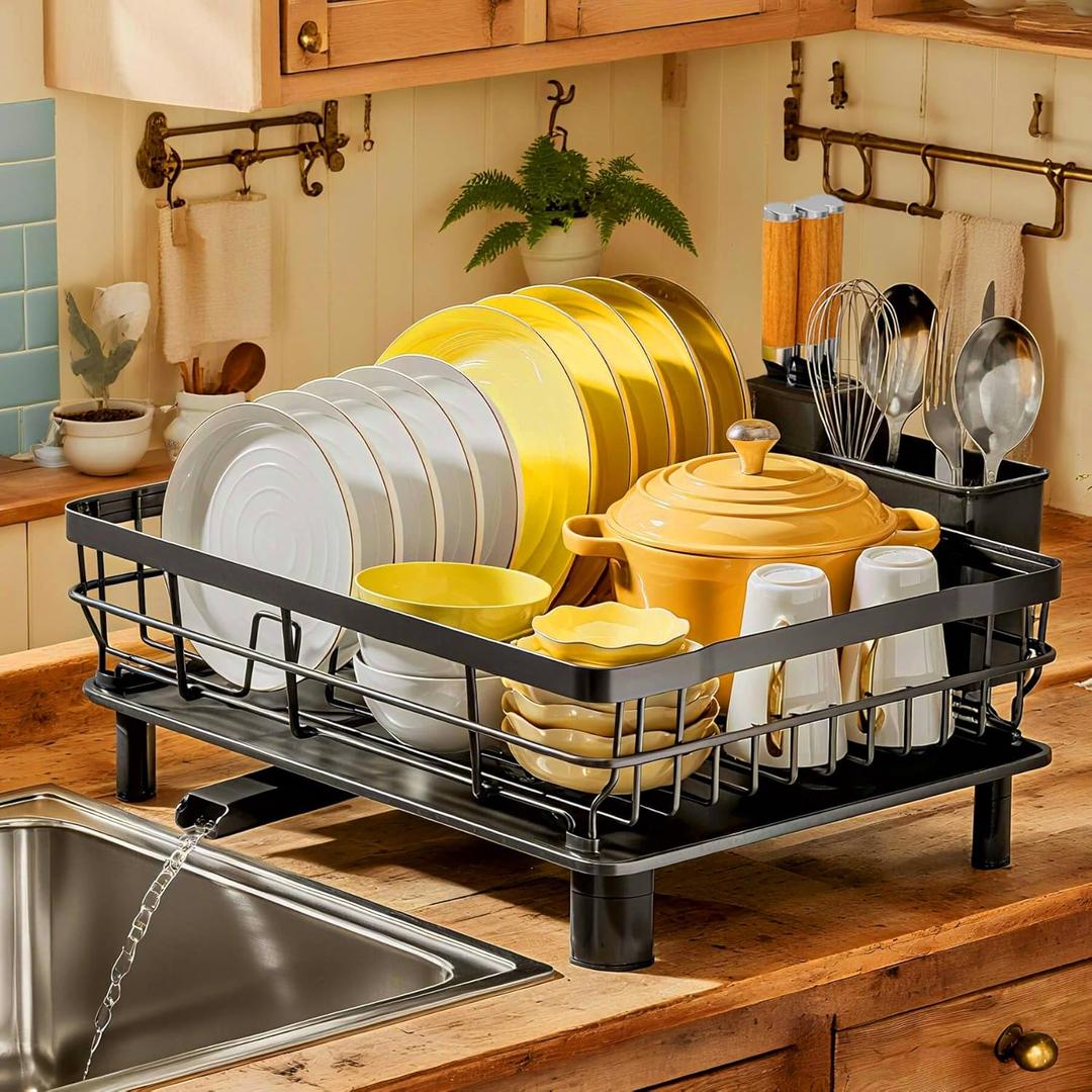 MOUKABAL Dish Drying Rack, Dish Rack, Stainless Steel Dish Racks for Kitchen Counter, Dish Drainer with Removable Utensil Holder, Drainboard (Black, 13''W x 17''L)