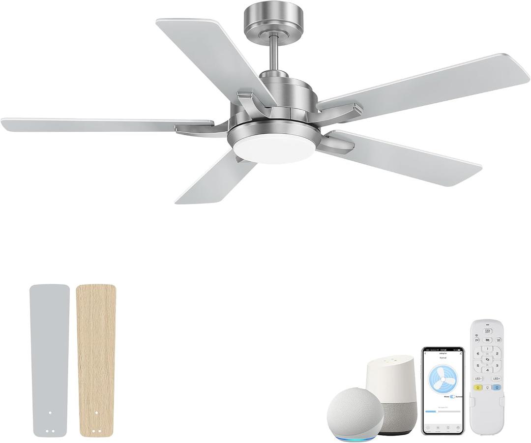 cumilo 52 Smart Outdoor Ceiling Fans LED Lights and Remote,Quiet DC Motor,6 Speed,Dimmable,Indoor Modern Brushed Nickel Ceiling Fan Controlled by WIFI Alexa App,Gray Silver Wood Bedroom Patio Porch, 52 inch-Downrod