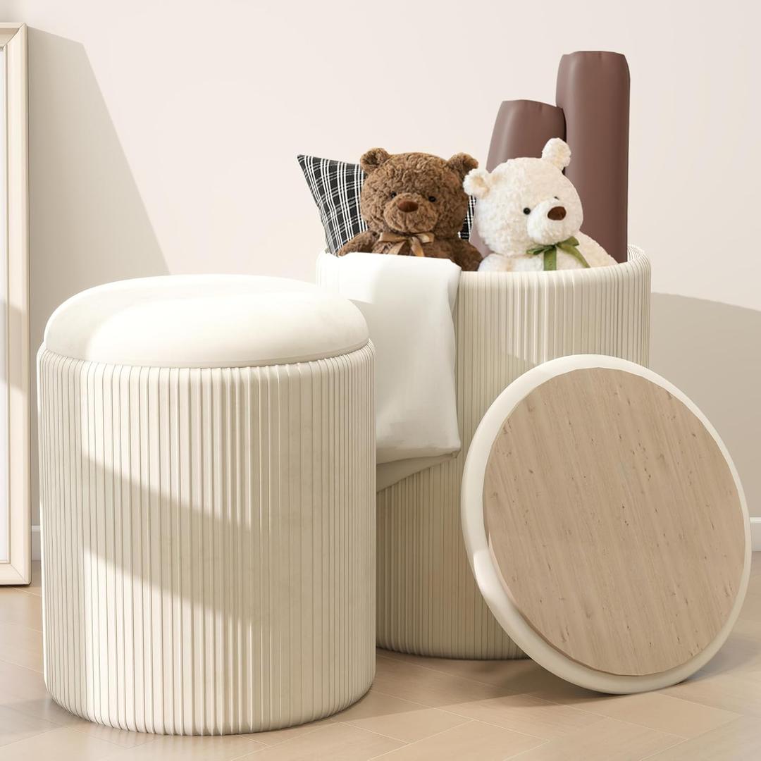 Caroeas Round Ottoman with Storage Set of 2, Upholstered Velvet Storage Ottoman, Vanity Stool for Makeup, Foot Rest for Living Room, Bedroom, Beige