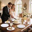 bUCLA 150PCS White and Gold Plastic Plates Disposable - 25 Guests Gold Dinnerware Set - Include 25 Each (Dinner & Dessert) Plates, 25 Knives, 25 Forks, 25 Spoons & 25 Cups for Party