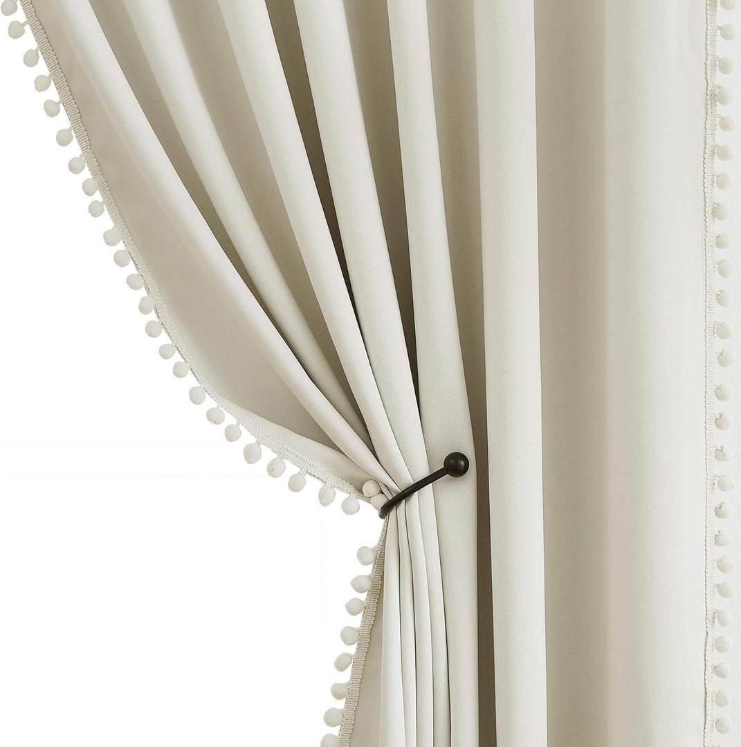Treatmentex Pompom Blackout Window Curtain Panels Natural Ivory Full Blackout Curtains for Bedroom Basement Small Windows 52" W x 45" L 2 Panels Rod Pocket