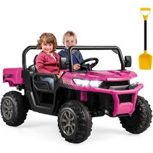 Costzon Ride On Dump Truck with Remote Control, 12V Electric Kids UTV w/Electric Dump Bed, Rocking Function, Shovel, 4 Spring Suspensions, Wireless Design, 2-Seater Ride on Car Gift for Kids (Pink)