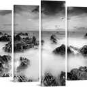KREATIVE ARTS 7 Pieces Coastal Beach Canvas Wall Art Black and White Seaside Stone Wave Landscape Pictures Prints Ocean Painting Artwork for Bedroom Living Room Wall Decor 70" W x 32" H