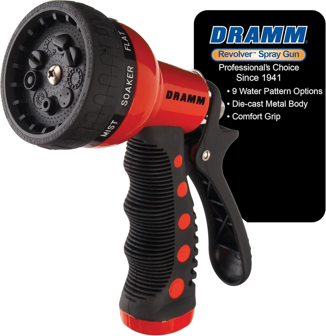 Dramm Revolver Heavy Duty Metal Garden Hose Nozzle 9 Spray Patterns, High Pressure Jet, Thumb-Control Flow, Ergonomic Grip Red