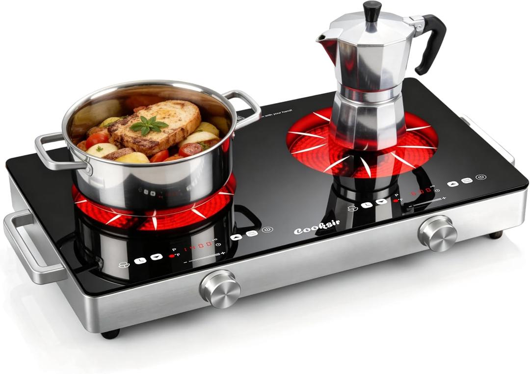 2 Burner Electric Cooktop - 24 Inch(22.2"x 13.1") Portable Electric Stove Top 110V, 2000W Countertop Two Burner Stove, Child Lock, Timer, Touch and Knob Control, 110V Plug in