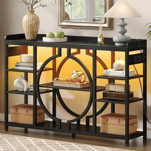 47.2 Inch Console Tables with Charging Station and LED Light, 4 Tier Black, 47.2 inches x 11.8 inches x 32 inches
