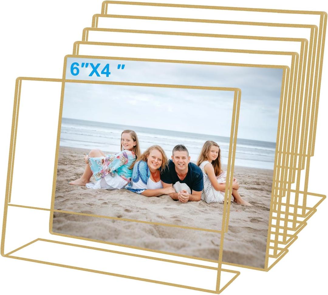 4x6 Gold Picture Frames, Clear Frameless Horizontal Picture Frames, 6 Pack Acrylic Self Standing Photo Frames for Wedding Table Numbers, Restaurant Signs, Photos and Art Display