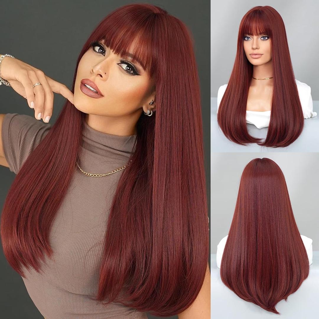 PARK YUN Long Straight Wine Red Wig with Bangs 23 Inch Burgundy Synthetic Layered Wig Natural Maroon Dark Red Hair Heat Resistant Wigs for Women Daily Party Use
