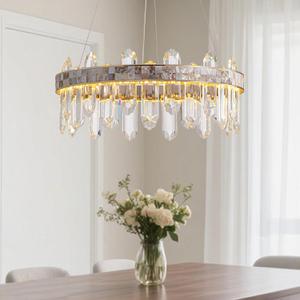SNZ Gold Modern Round LED Crystal Chandelier, 17in Chandelier Light Fixture with Natural Shell Inlay, 3 Colors Stepless Dimmable Chandeliers for Kitchen Island Bedroom Living Room