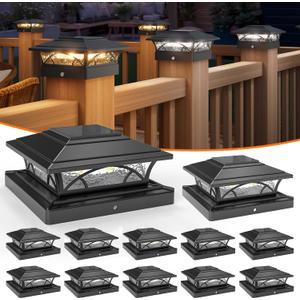 APONUO Solar Post Cap Lights 12 Pack - 4x4 5x5 6x6 Fence Post Lights, Auto On/Off, Waterproof IP64, 2-Mode (Warm/Cool White), Deck Patio Yard Solar Light for Wood & Vinyl Posts, Black