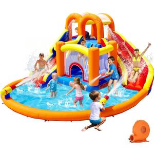 HuaKastro Inflatable Water Slide, Water Bounce House with Double Slides for Big Kids, Backyard Water Park with 2 Water Sprayers, 2 Water Gun & Big Splash Pool for Family Fun [Upgraded Version]